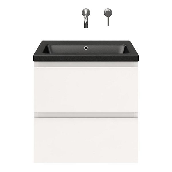 Zoutelande badmeubel 60 cm wit hoogglans met keramische Dishoek wastafel zwart mat, zonder kraangat