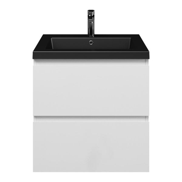 Zoutelande badmeubel 60 cm wit hoogglans met polystone Cadzand wastafel zwart mat, 1 kraangat