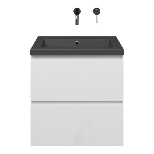 Zoutelande badmeubel 60 cm wit hoogglans met quartz Cadzand-Q wastafel grijs mat, zonder kraangat