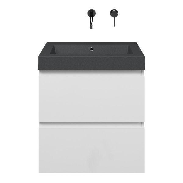 Zoutelande badmeubel 60 cm wit hoogglans met quartz Cadzand-Q wastafel grijs mat, zonder kraangat