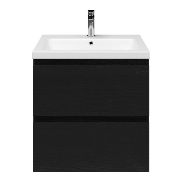 Zoutelande badmeubel 60 cm zwart mat eiken met keramische Dishoek wastafel wit mat