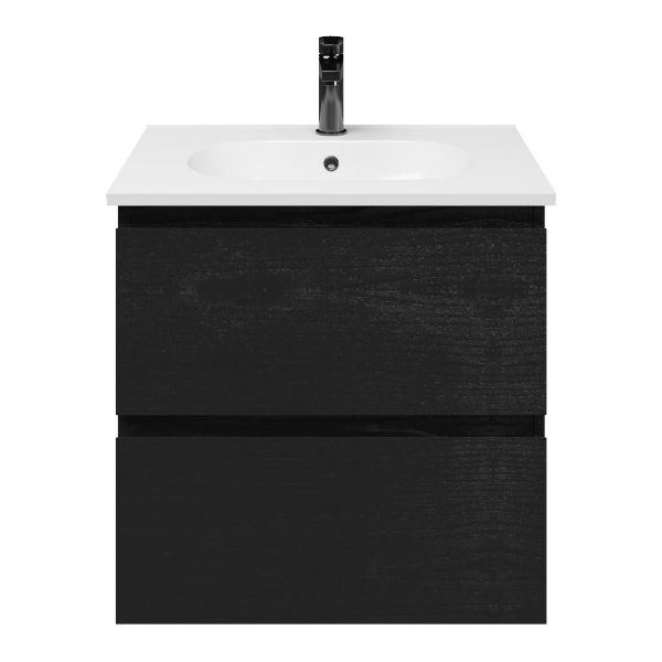 Zoutelande badmeubel 60 cm zwart mat eiken met keramische Ellemeet wastafel wit glans