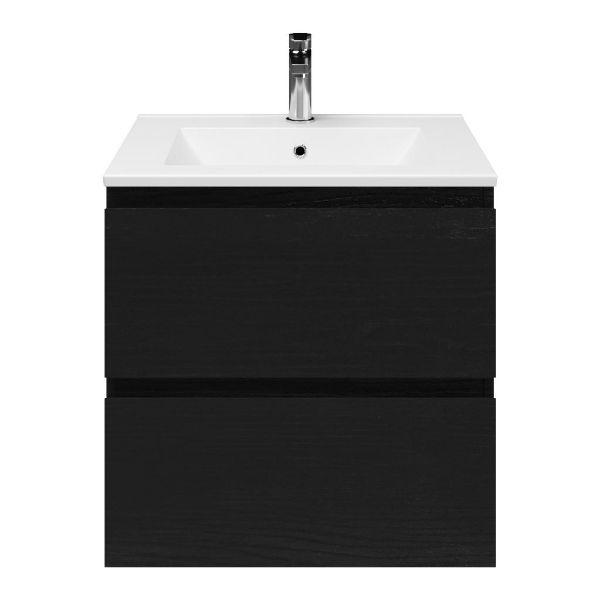 Zoutelande badmeubel 60 cm zwart mat eiken met keramische Huisduinen wastafel wit glans