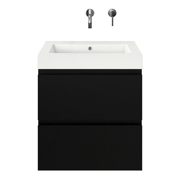 Zoutelande badmeubel 60 cm zwart mat met polystone Cadzand wastafel wit glans, zonder kraangat, 66 cm hoog
