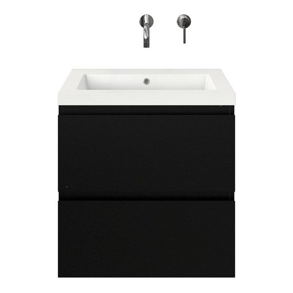 Zoutelande badmeubel 60 cm zwart mat met polystone Cadzand wastafel wit glans, zonder kraangat, 62 cm hoog