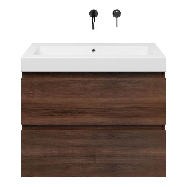 Zoutelande badmeubel 80 cm walnoot met polystone Cadzand wastafel wit glans, zonder kraangat