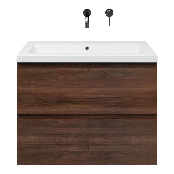 Zoutelande badmeubel 80 cm walnoot met polystone Cadzand wastafel wit glans, zonder kraangat