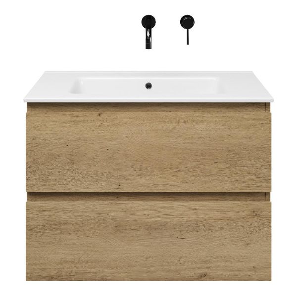 Zoutelande badmeubel 80 cm warm eiken met keramische Callantsoog wastafel wit glans, zonder kraangat