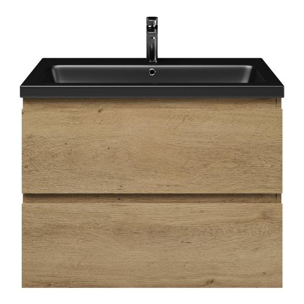 Zoutelande badmeubel 80 cm warm eiken met keramische Dishoek wastafel zwart mat, 1 kraangat