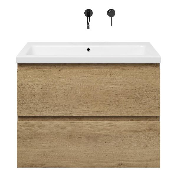 Zoutelande badmeubel 80 cm warm eiken met keramische Dishoek wastafel wit glans, zonder kraangat