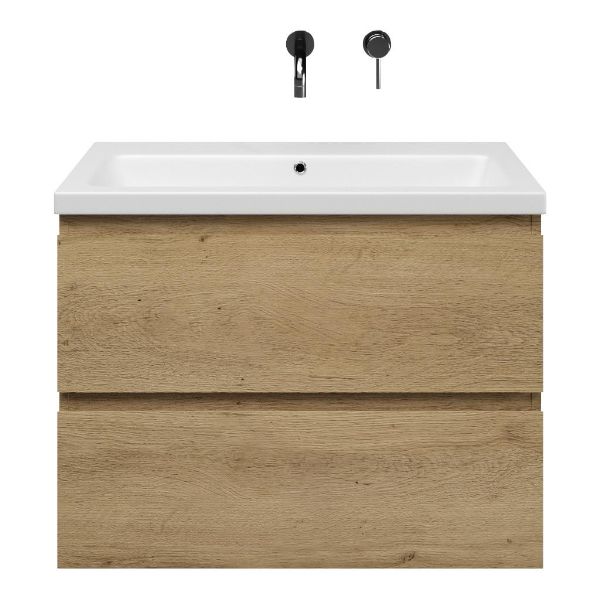 Zoutelande badmeubel 80 cm warm eiken met keramische Dishoek wastafel wit mat, zonder kraangat