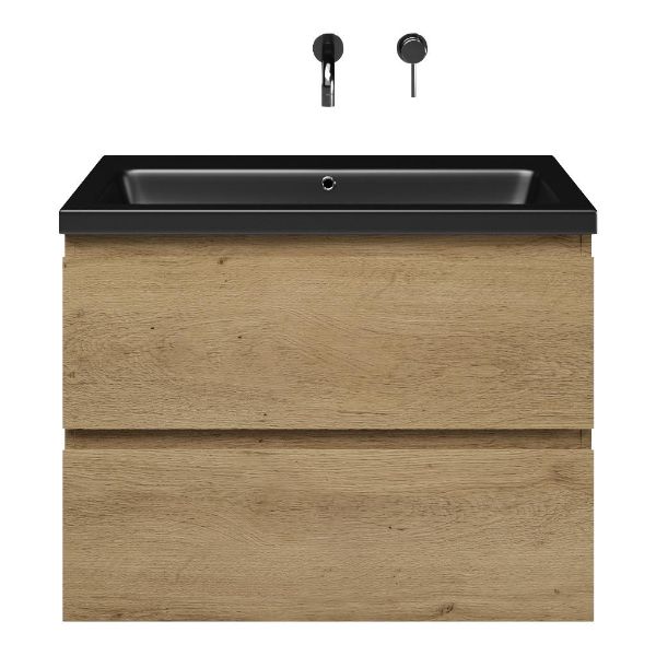 Zoutelande badmeubel 80 cm warm eiken met keramische Dishoek wastafel zwart mat, zonder kraangat