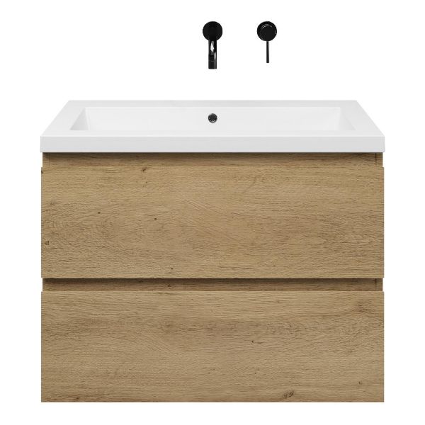 Zoutelande badmeubel 80 cm warm eiken met polystone Cadzand wastafel wit glans, zonder kraangat