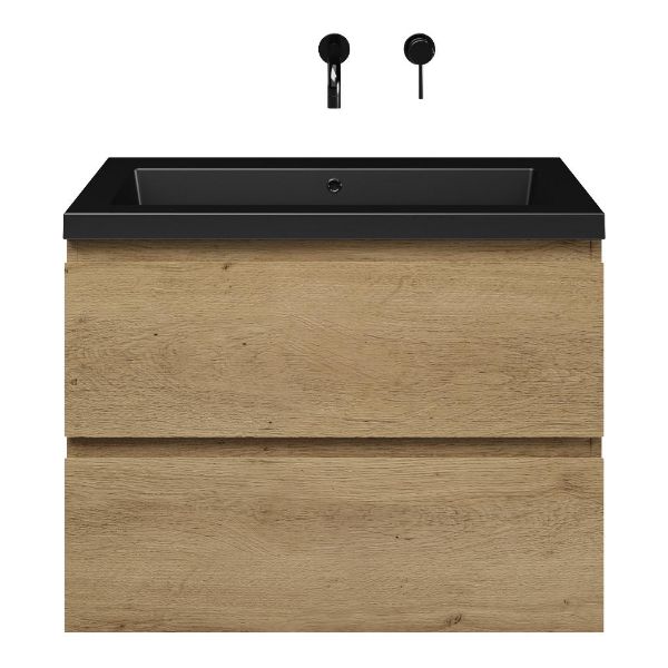 Zoutelande badmeubel 80 cm warm eiken met polystone Cadzand wastafel zwart mat, zonder kraangat