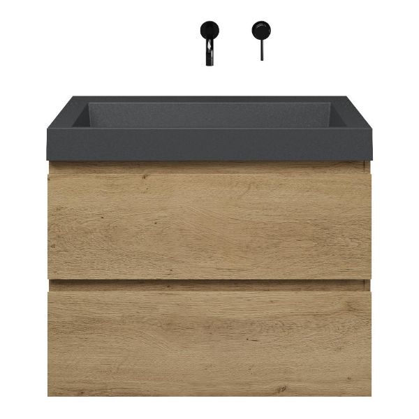Zoutelande badmeubel 80 cm warm eiken met quartz Haamstede-q wastafel grijs mat, zonder kraangat