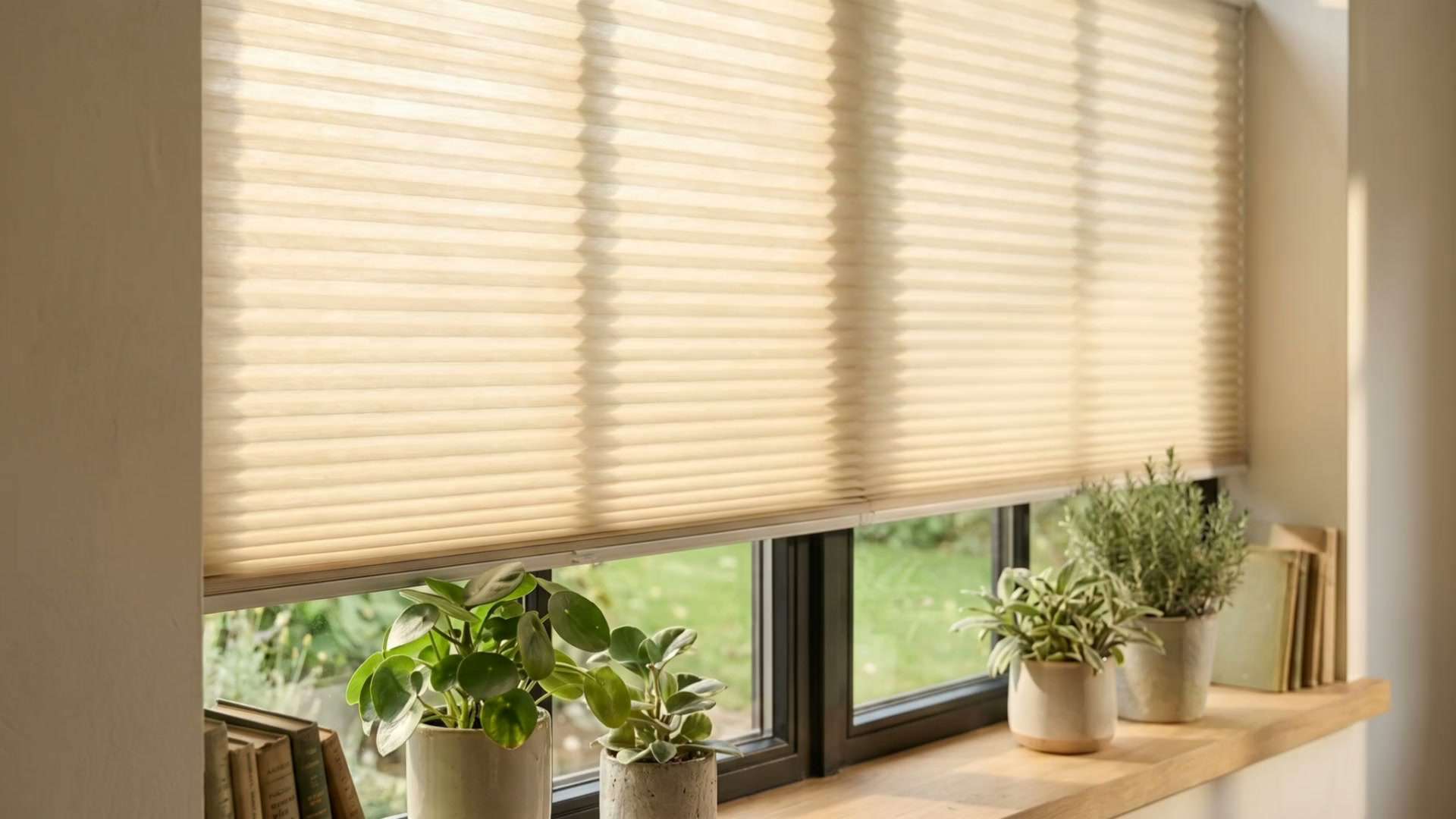 Lichte plissé gordijnen voor een raam met planten op de vensterbank