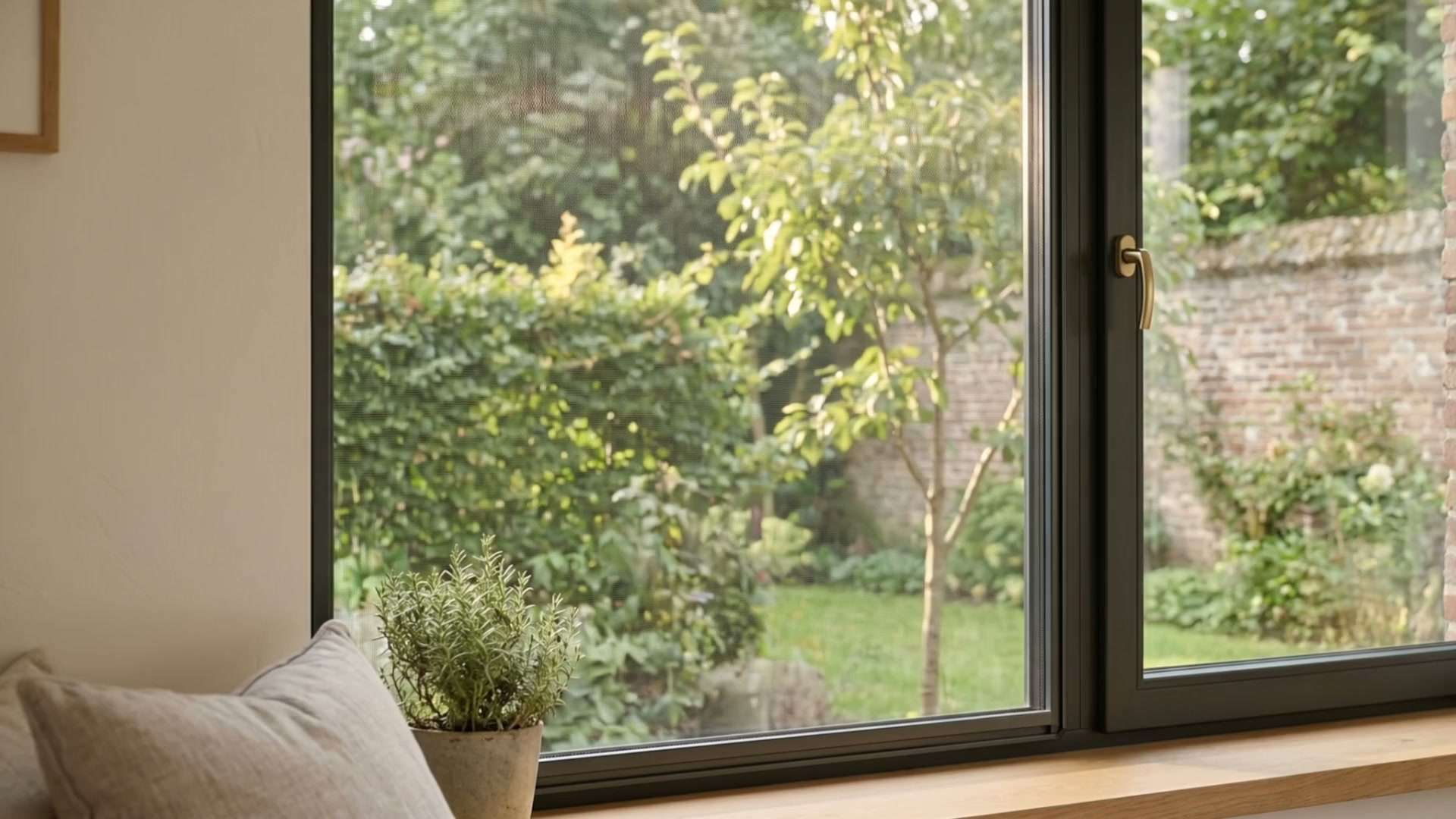 Raam met een hor op maat, uitzicht op een tuin
