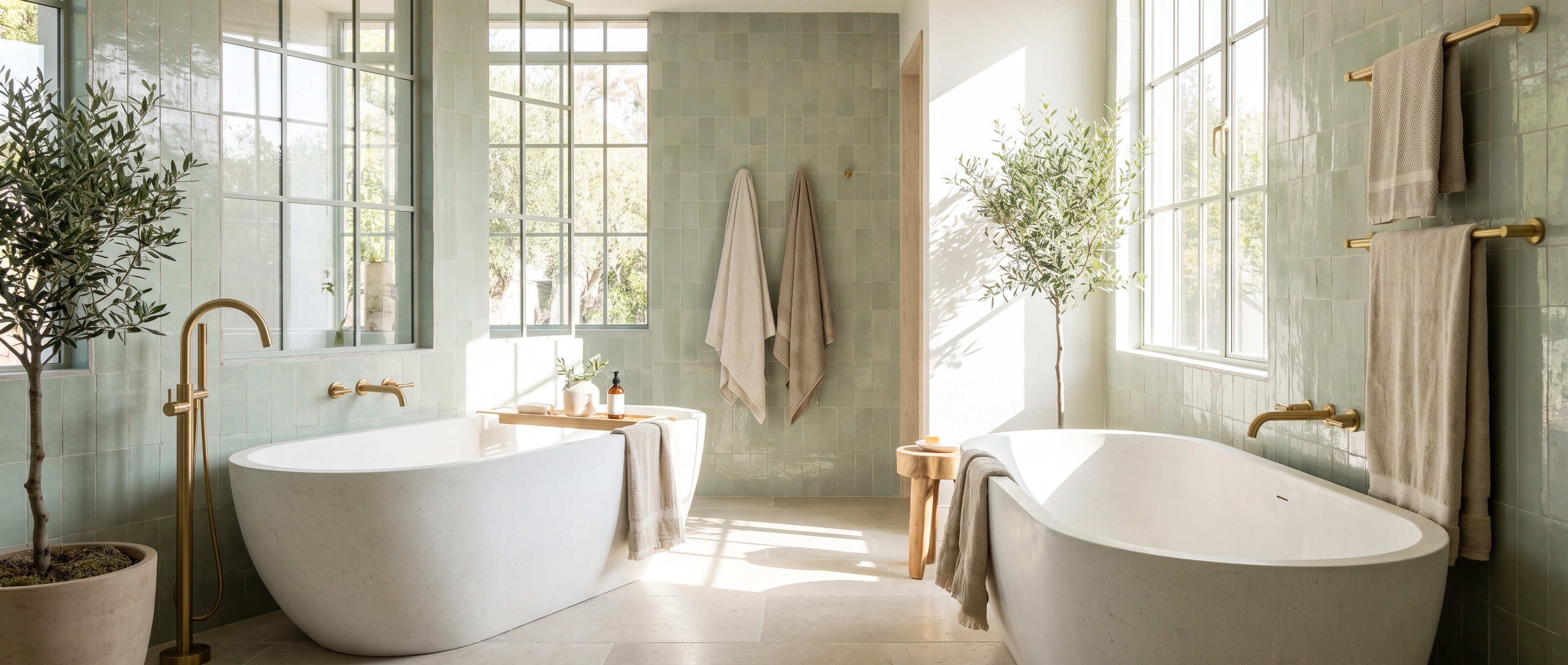 Rustige badkamer met twee vrijstaande baden, saliegroene wandtegels en gouden kranen, met olijfbomen en hoge ramen