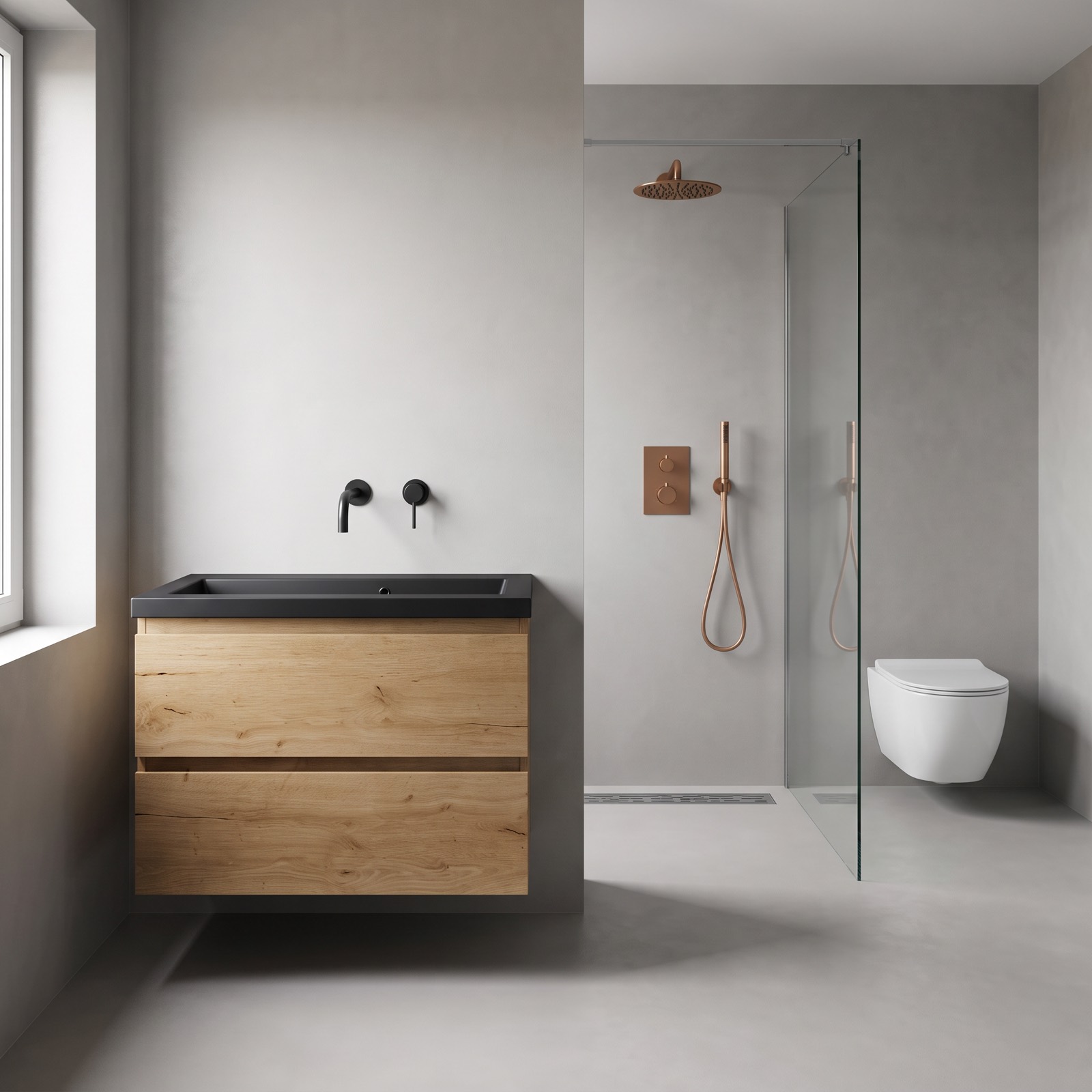 Badkamer met een eiken badmeubel met mat zwarte wastafel, een koperkleurige regendouche achter een glazen wand, een douchegoot in de vloer en een wit wandcloset