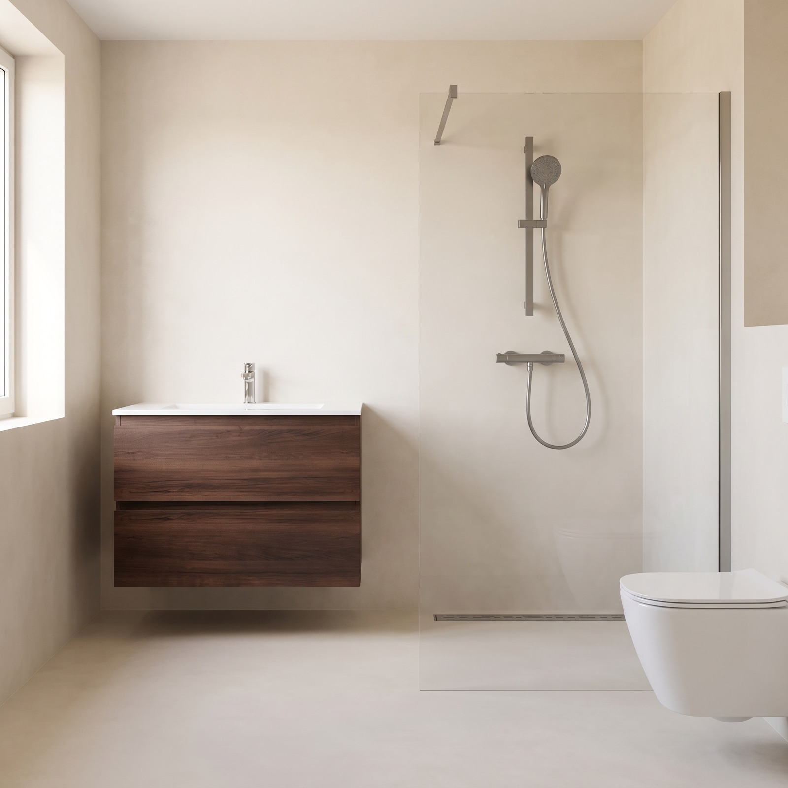 Badkamer met een walnoten badmeubel met een witte wastafel, een glijstangset in gunmetal, een douchegoot in de vloer en een wit wandcloset