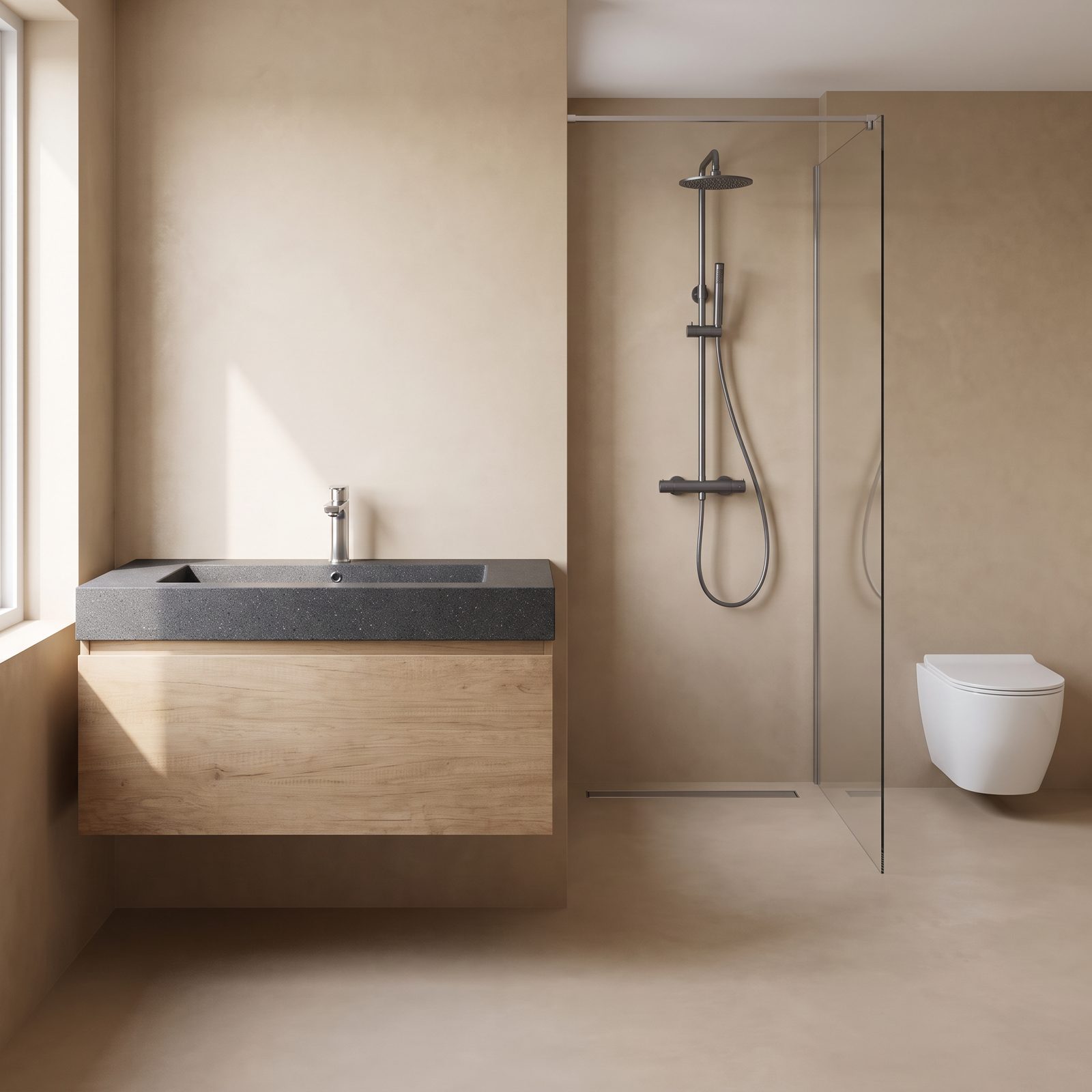 Badkamer met een olmkleurig badmeubel met een grijze quartz wastafel, een regendoucheset in gunmetal op de wand, een douchegoot in de vloer en een wit wandcloset