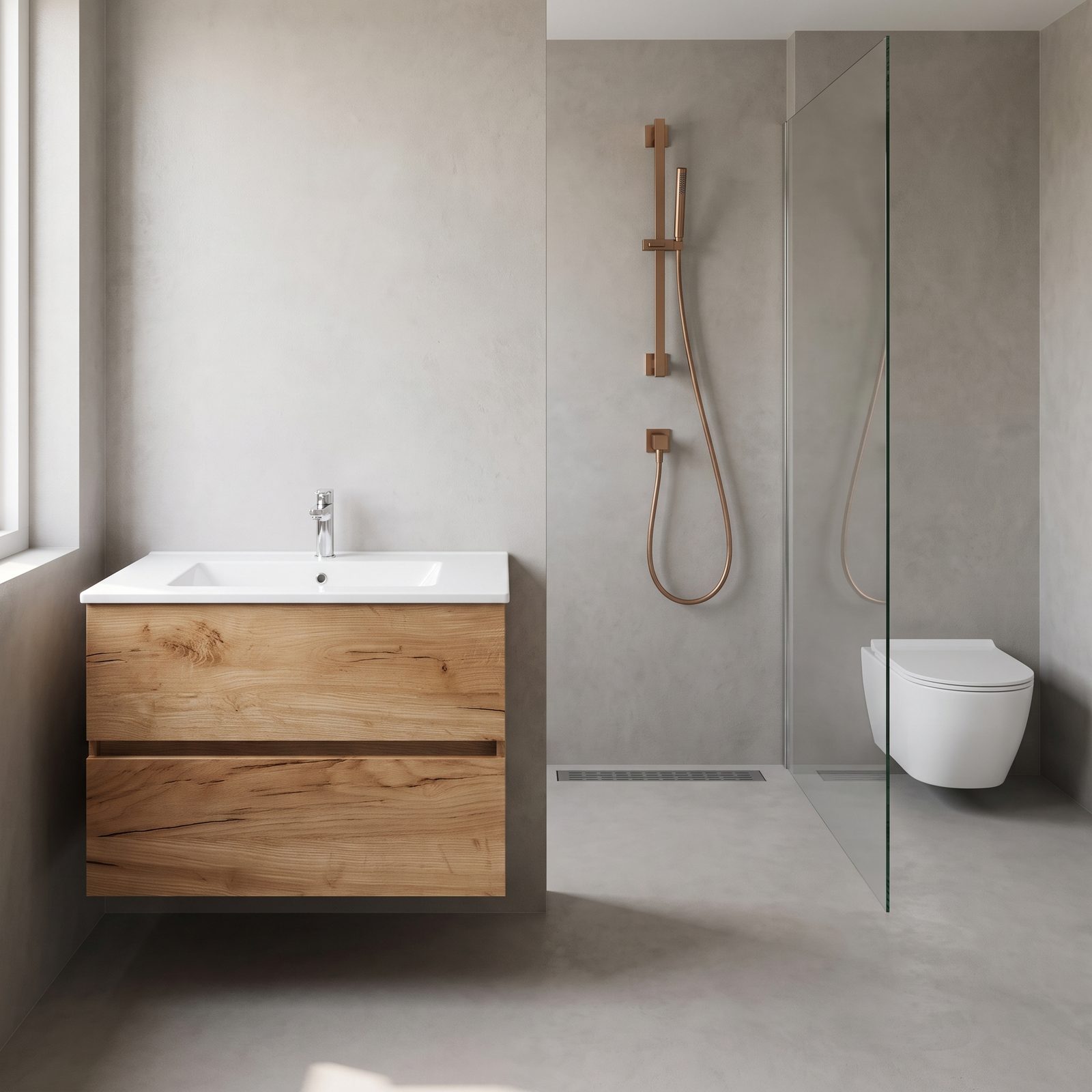 Badkamer met een robuust eiken badmeubel met een witte wastafel, een koperkleurige glijstangset met handdouche achter een glazen wand, een douchegoot in de vloer en een wit wandcloset