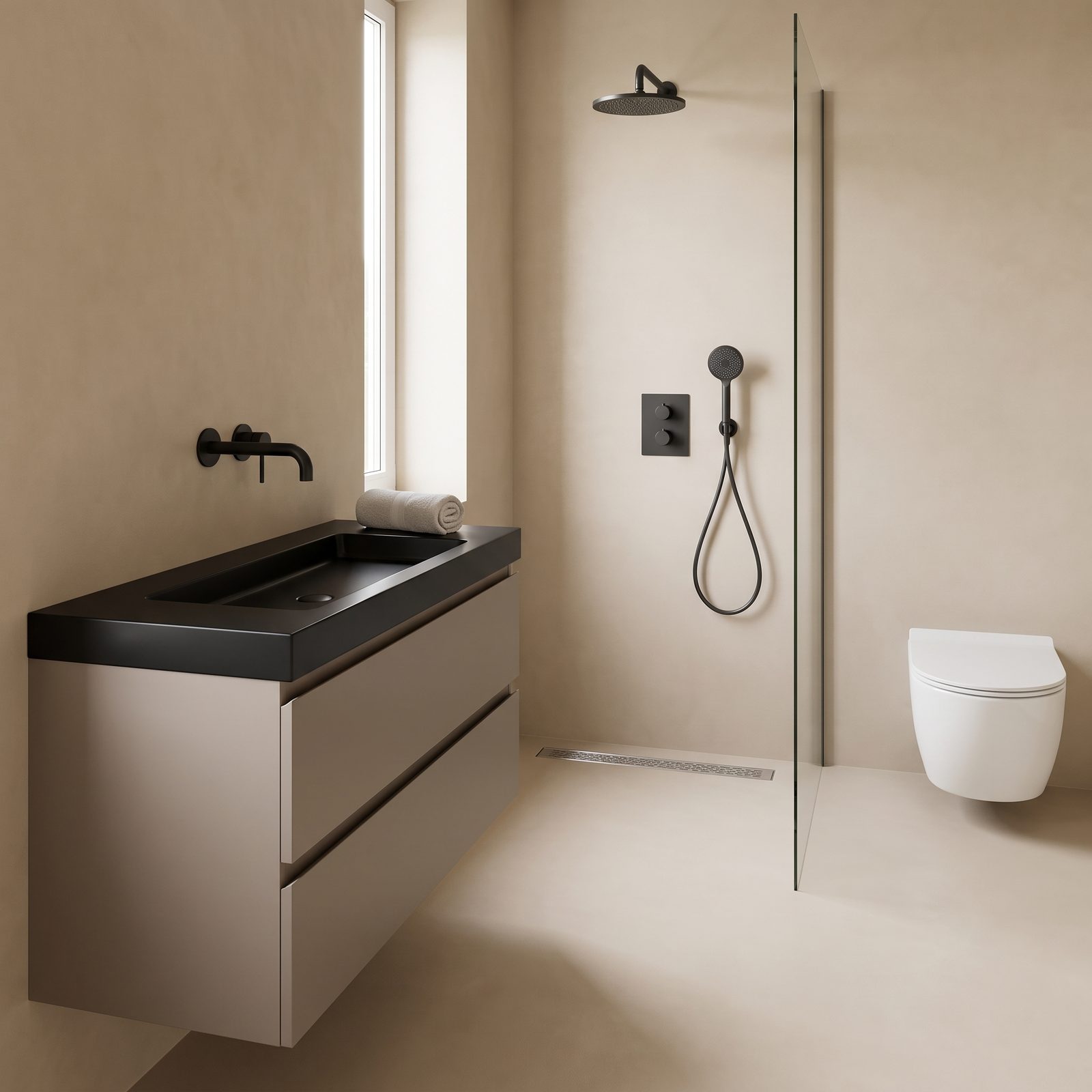 Badkamer met een taupe badmeubel met mat zwarte wastafel, een mat zwarte regendouche achter een glazen wand, een douchegoot in de vloer en een wit wandcloset