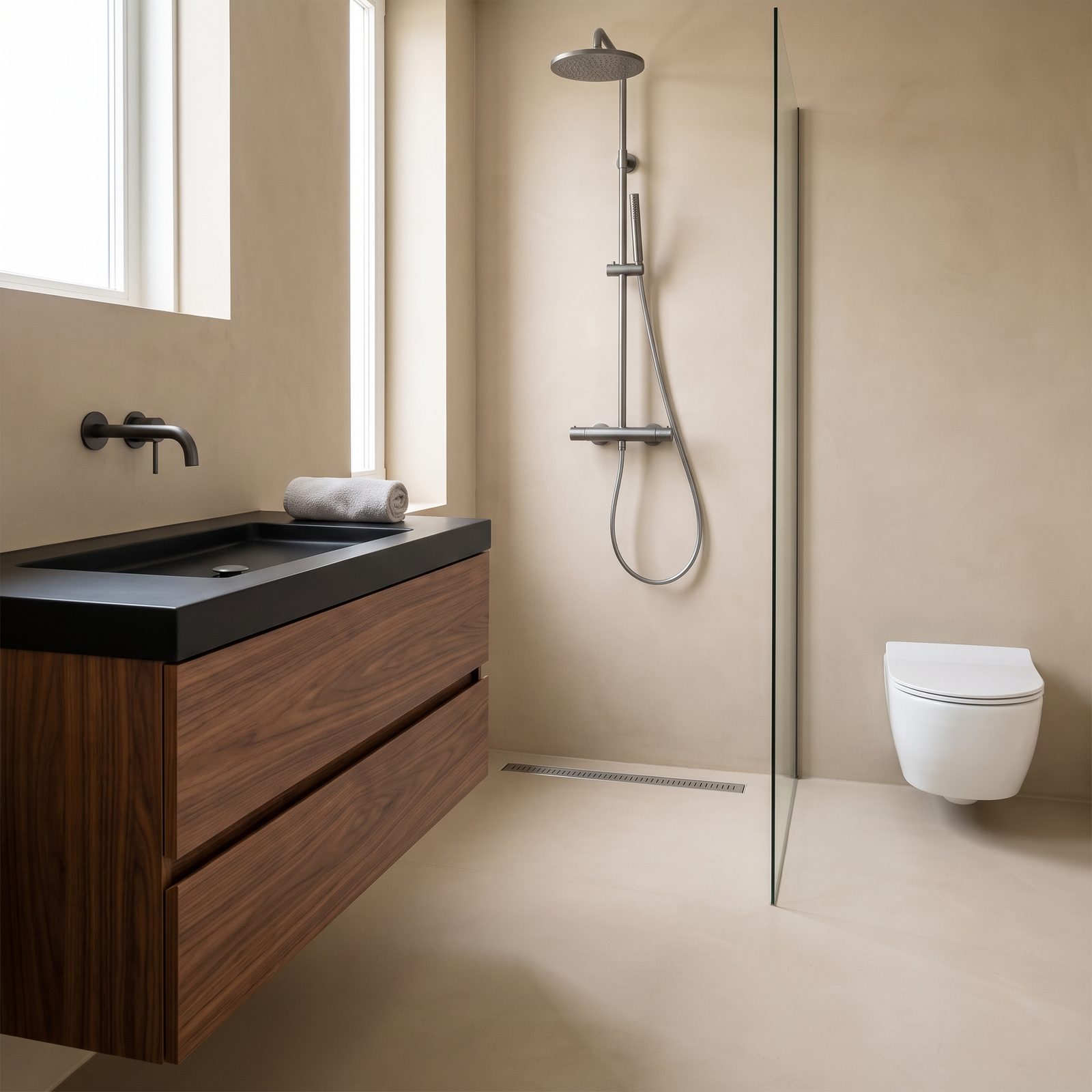 Badkamer met een walnoten badmeubel met mat zwarte wastafel, een regendoucheset in gunmetal, een douchegoot in de vloer en een wit wandcloset