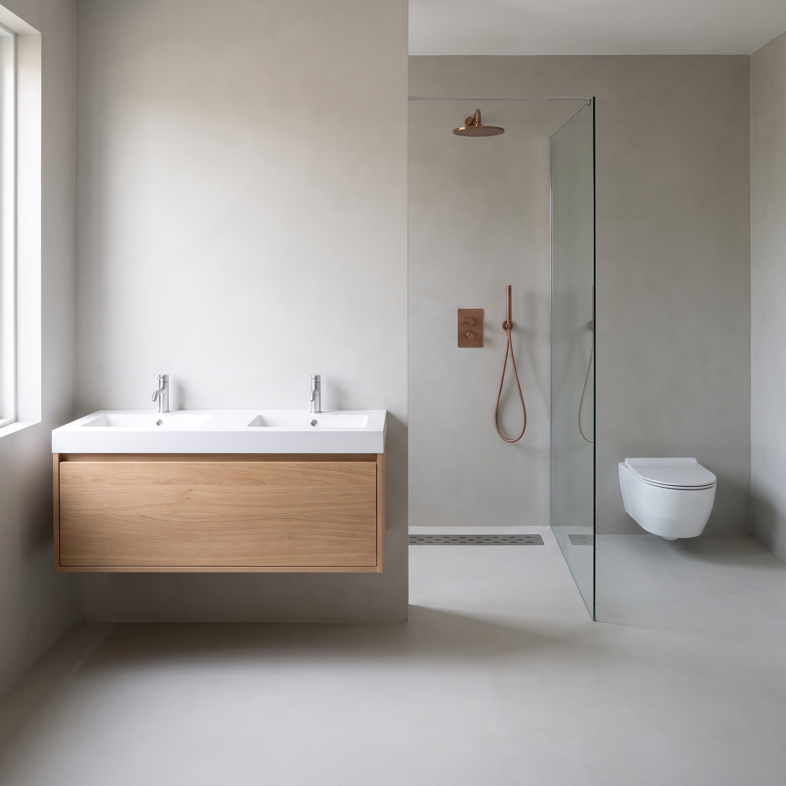 Badkamer met een eiken badmeubel met een dubbele witte wastafel, een koperkleurige regendouche achter een glazen wand, een douchegoot in de vloer en een wit wandcloset